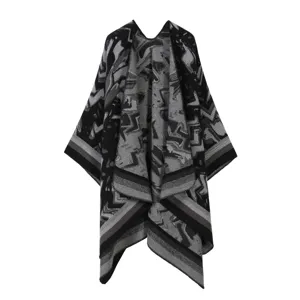 Schwarz grau geometrisch Strick Poncho Umhang stilvoll offene Front Schal Wintermantel