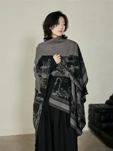 Elegante mantella in maglia con motivo paesaggistico vintage effetto cashmere per donne.