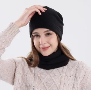 Schwarze Fleece Mütze und Nackenwärmer Set, warme Winter Outdoor Radfahren Hut Schal.