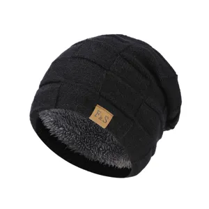 Herren Winter Warm Acryl Strickmütze Mode Slouchy Dick Flauschfutter Gehörschutz Einfarbig Gitter Textur Umschlaglose Mütze Leder Patch Dekor