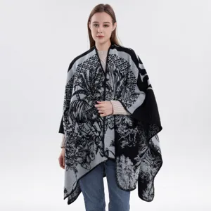 Damen Herbst Winter Strickschal Retro Dschungel Print stilvolles Cape modische warme Kleidung