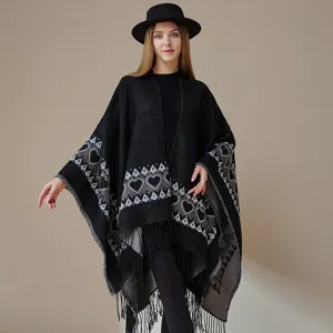 Women Winter Warm Acrylic Fringed Shawl Cloak Ethnic Style Heart Pattern Tassel Reversible Casual Outerwear