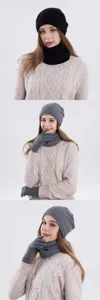 Close-up details of the warm winter knitted beanie hat, neck scarf, and gloves set.