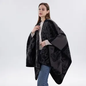 Scialle in maglia stampata vintage da donna, poncho autunno inverno caldo mantella moda.