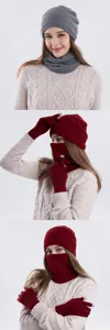 Winter knit hat scarf and gloves set for women, thickened warm thermal beanie and neck gaiter.