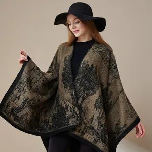 Dames gebreid poncho cape elegante landschap print kasjmier gevoel sjaal winter mode