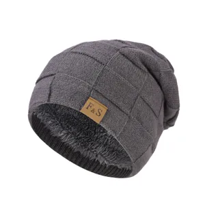 Herren Winter gefuetterte Strick Muetze casual slouchy warme graue Beanie Mütze.