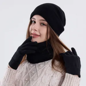 Winter black knit beanie scarf gloves three piece set warm thick cold proof apparel for women