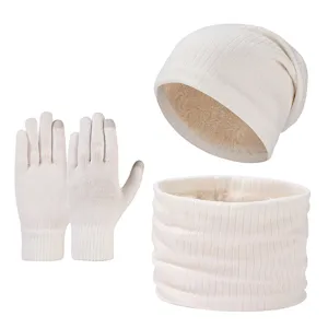 Winter 3-piece set includes warm knit beanie, touch screen gloves and fleece lined scarf.