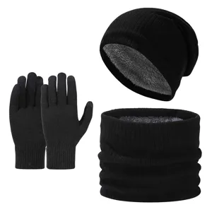 Winter fleece knit 3-piece set with beanie hat touchscreen gloves and cozy warm neck warmer