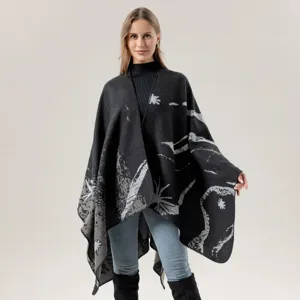 Women Knitted Shawl Cape Acrylic Artificial Wool Double Sided Jacquard Open Front Poncho European American Fashion Wrap