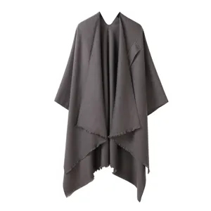 Dark grey knitted cape shawl for women, autumn winter warm asymmetric draped poncho wrap.