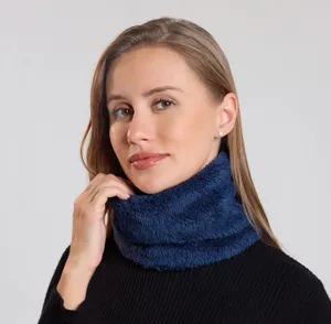 Cozy navy blue faux fur winter neck warmer for women, soft plush pull-on snood scarf.