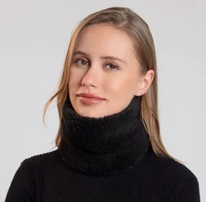 Close-up detail shot of a black plush fleece neck warmer scarf, soft autumn winter accessory.