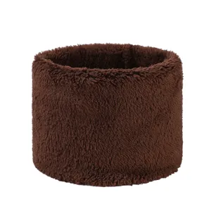 Brown plush neck warmer detail, soft faux rabbit fur winter snood scarf for men and women.
