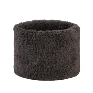 Dark brown fuzzy neck warmer detail shot, soft plush texture close-up for winter warmth.