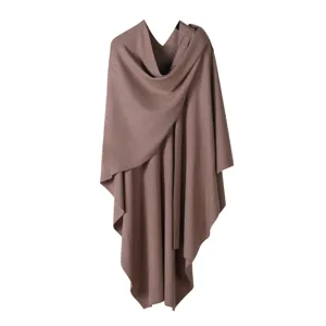 Detailed view of women knitted open-front cape shawl in solid brown with stylish draped design.