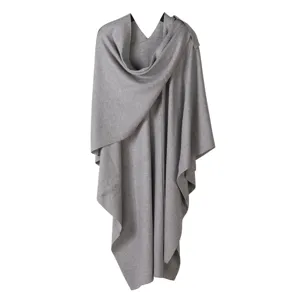 Grey knitted split cape shawl, soft fleece wrap, solid color women winter warm scarf blanket