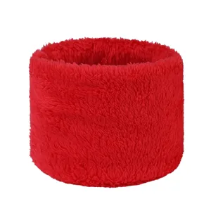 Detailed close-up of the ultra-soft red faux fur neck warmer showing fluffy plush texture.