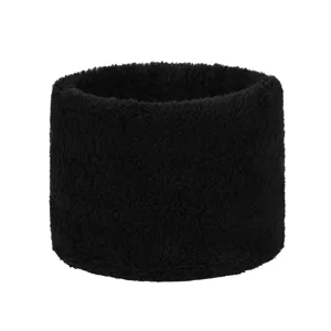 Close-up of black faux rabbit fur neck warmer, plush thermal winter collar detail view.