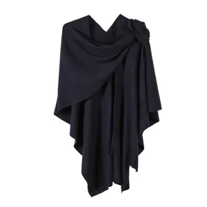 Dark blue knit cape shawl wrap, stylish solid color asymmetric poncho for women wear.