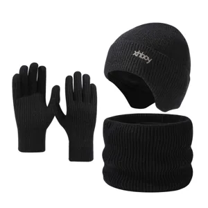 Ensemble bonnet écharpe et gants en tricot noir doublé chaud pour hiver pour hommes et femmes.