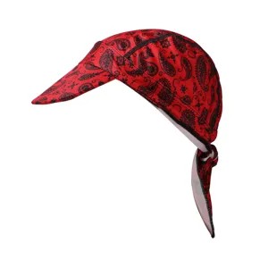 Red paisley print cycling skull cap with visor and long tail tie for outdoor sports.