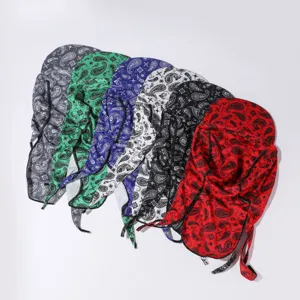 Detailed view of breathable paisley cycling cap with sun visor and long neck flap in multi colors.