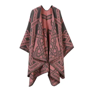 Damen Strick Poncho Cape mit geometrischem Muster stylischer warmer Winter Umhang Mode