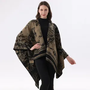 Vintage Gesprenkelte Imitations-Kaschmir Schal Für Damen Pullover-Cape Doppelseitig Jacquard Geometrisch Warm Fransen Poncho Reisen