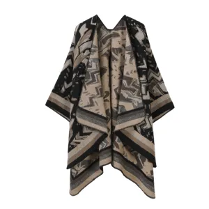 Vintage geometrischer Strick Umhang Schal für Damen, stilvoller offener Poncho Mantel.