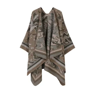 Modischer retro geometrischer Strick Poncho Umhang für Damen, gemütlicher offener warmer Schal.