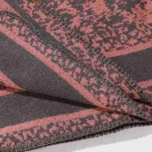Nahaufnahme des Retro gemusterten Strickcape Stoffes mit Textur und Saumdetails.