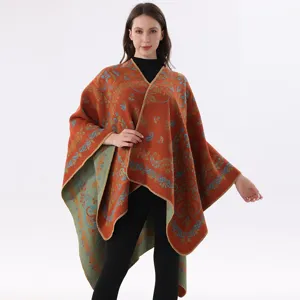 Pastoral Kaschmir-Imitat Vorne Offen Schal Cape Für Damen Vintage Bedruckt Doppelseitig Gestrickt Warm Wickelschal Poncho