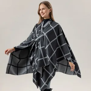 Women's Fashion Plaid Cape Shawl Autumn Winter Casual Travel Warm Knitted Tassel Fringe Oversized Wrap Poncho