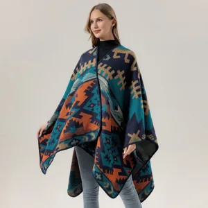 Damen Ethisch Geometrisches Jacquard Imitat Kaschmir Schal Umhang Winter Warm Verdickt Offene Vorderseite Poncho Decke Schal Oberbekleidung