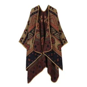 Vintage geometrischer Webponcho für Damen und Herren, ethnischer Kuschelumhang für Reisen.