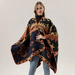 Damen Ethische Geometrische Muster Verdickte Kaschmir Gefühl Umhang Schal Winter Warmer Poncho