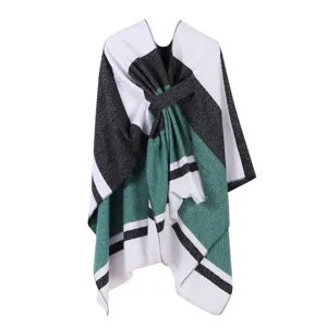 Damen Farblich abgesetzter Streifen Schal kuschelige Decke Freizeit Poncho eleganter Look