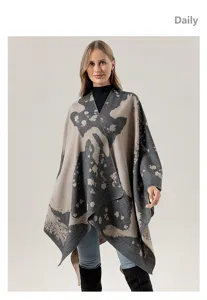 Vintage horse pattern knitted cloak shawl women fashion split hem casual stylish wrap garment