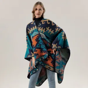 Damen ethno stil geometrische strick poncho cape, dicke kaschmir gefühl warme schal.
