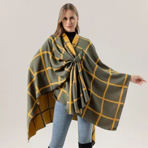 Women's Autumn Winter Grid Poncho Shawl Casual Warm Plaid Cape with Front Tie Knot