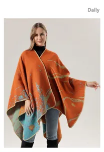 Knit poncho cape for women, casual open front outerwear with abstract pattern for daily wear.