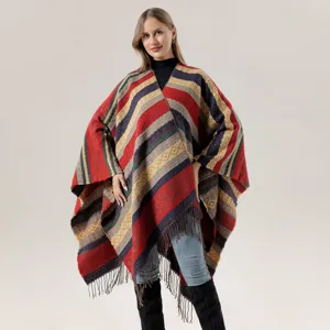 Women's Imitation Cashmere Tassel Shawl Poncho Bohemian Striped Winter Warm Travel Cape Blanket Open Front Outerwear