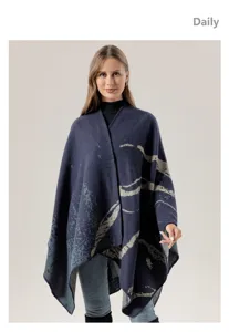 Women's knit cape shawl, dark blue open front poncho with abstract print, elegant casual outerwear.