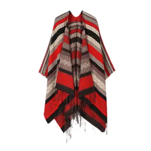 Women imitation cashmere fringe shawl colorblock geometric cozy warm poncho cape winter