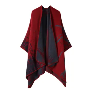 Women's knitted reversible cape shawl, stylish red and dark grey open front poncho wrap.