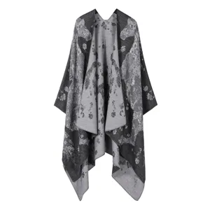 Stylish retro jacquard knitted open-front cape shawl for men and women, cozy daily wear.