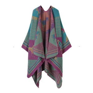 Retro ethnic style knitted cape with vintage horse and geometric patterns for cozy daily wear.