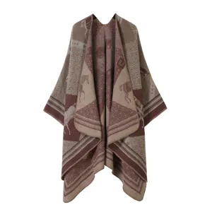 Knit horse pattern poncho shawl, retro equestrian design, warm winter cape fashion scarf.